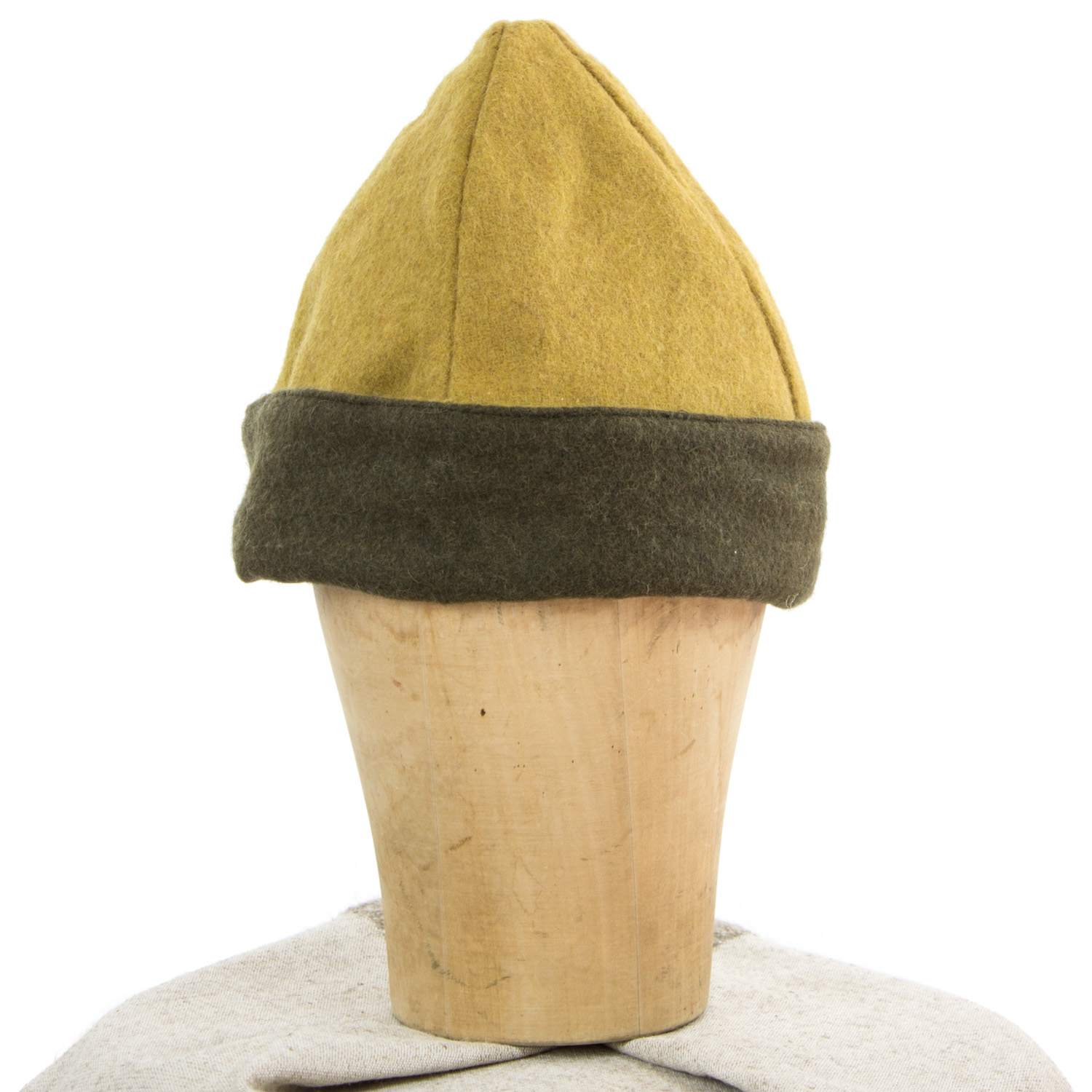 Acorn hat, dark olive green/mustard yellow wool, size L